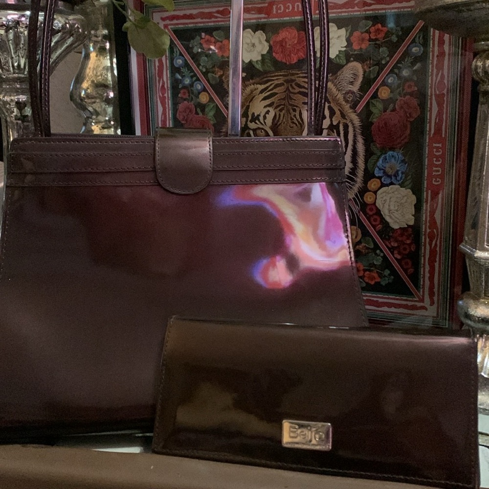 Beijo Purse London Paris New York Plum Black Patent Leather Bag & wallet Vintage